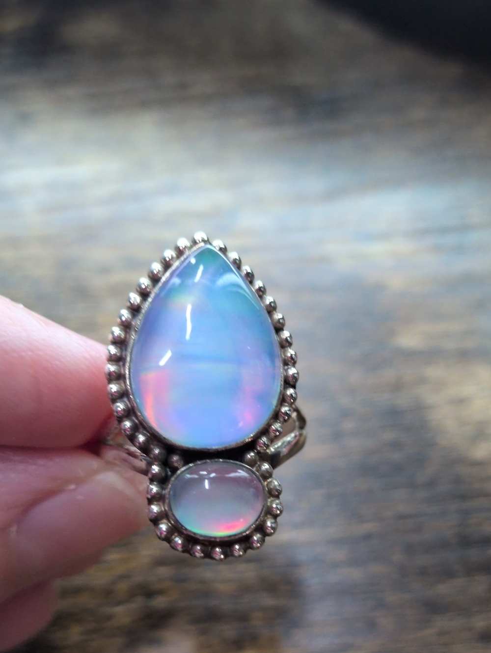 Sterling Teardrop Opal Double Stone Ring - Iridescent Blue-Pink